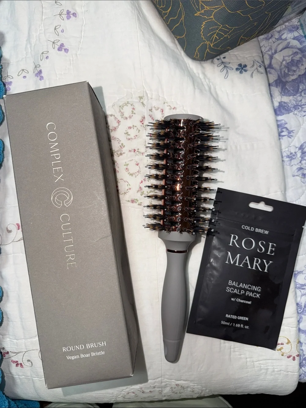 Gray and Rose Gold Round Hair Brush - Vegan Boar Bristle
